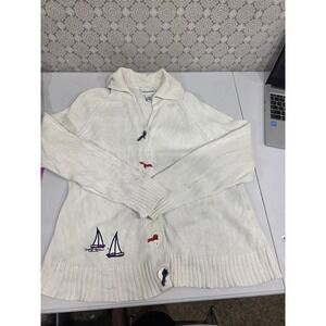 Breckenridge Womens Cream Nautical Sailboat Embroidered Knit Cardigan Sweater L‎